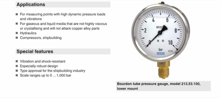 Tính năng đồng hồ đo áp suất Wika 213.53